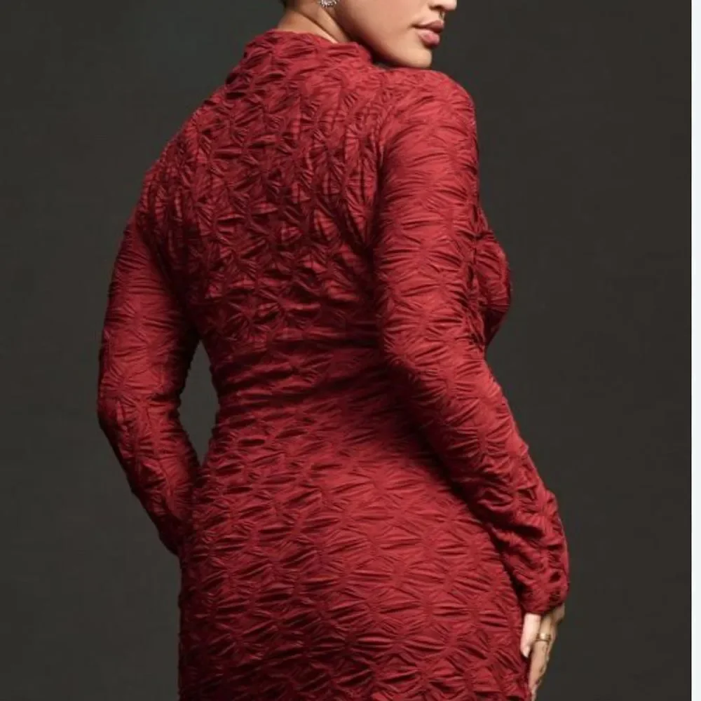Anthropology Maeve Burgundy, Long Sleeve Scrunch Textured Dress